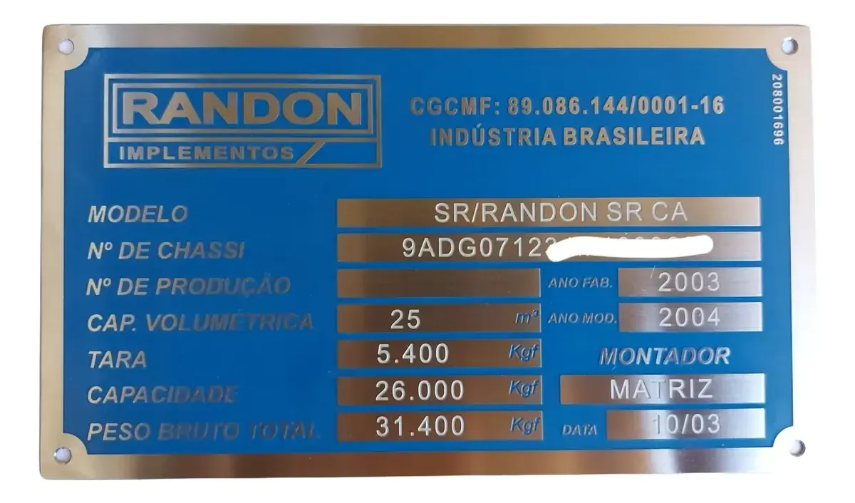 Plaqueta Randon identificação carreta chassi