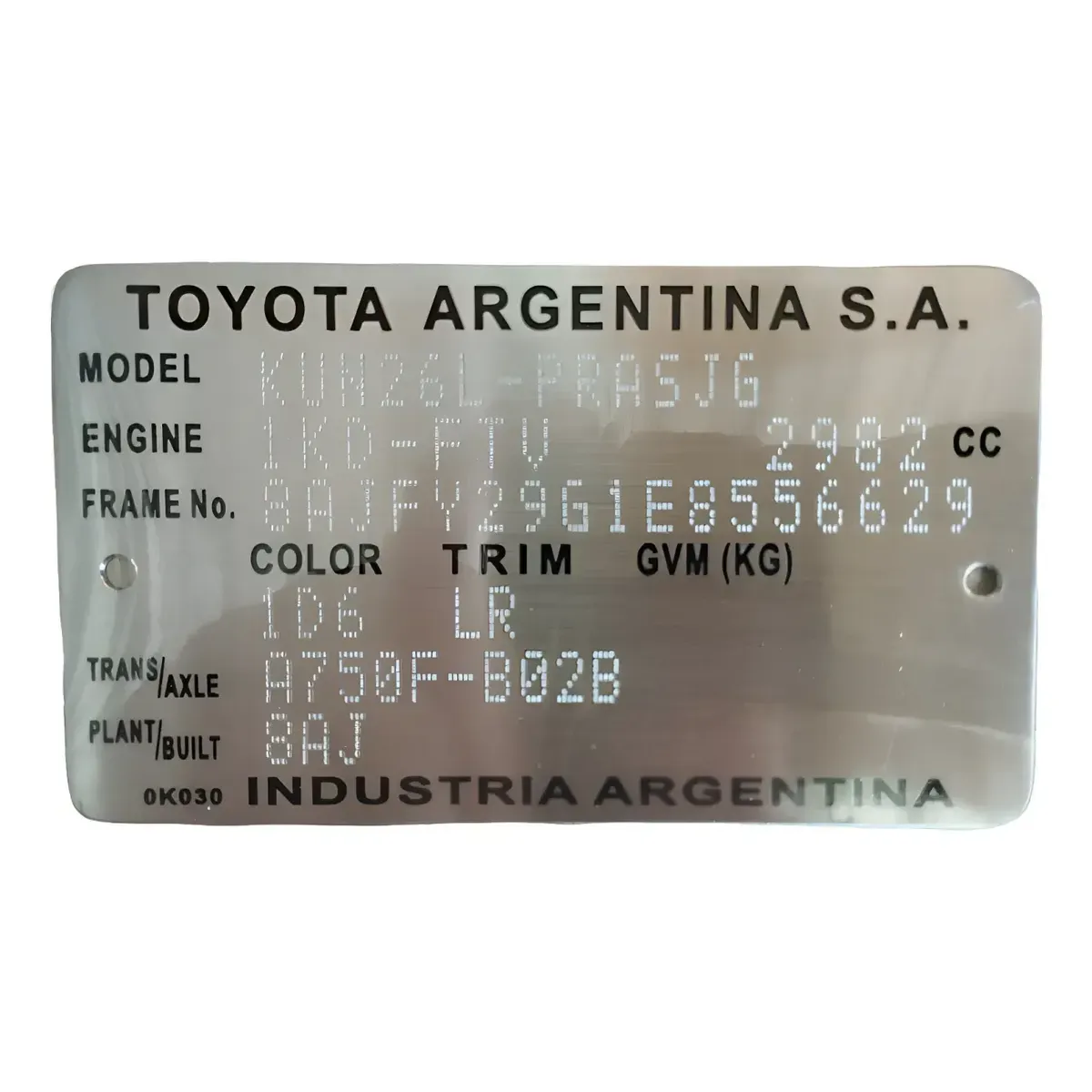 Plaqueta identificação chassi e carroceria Toyota Argentina