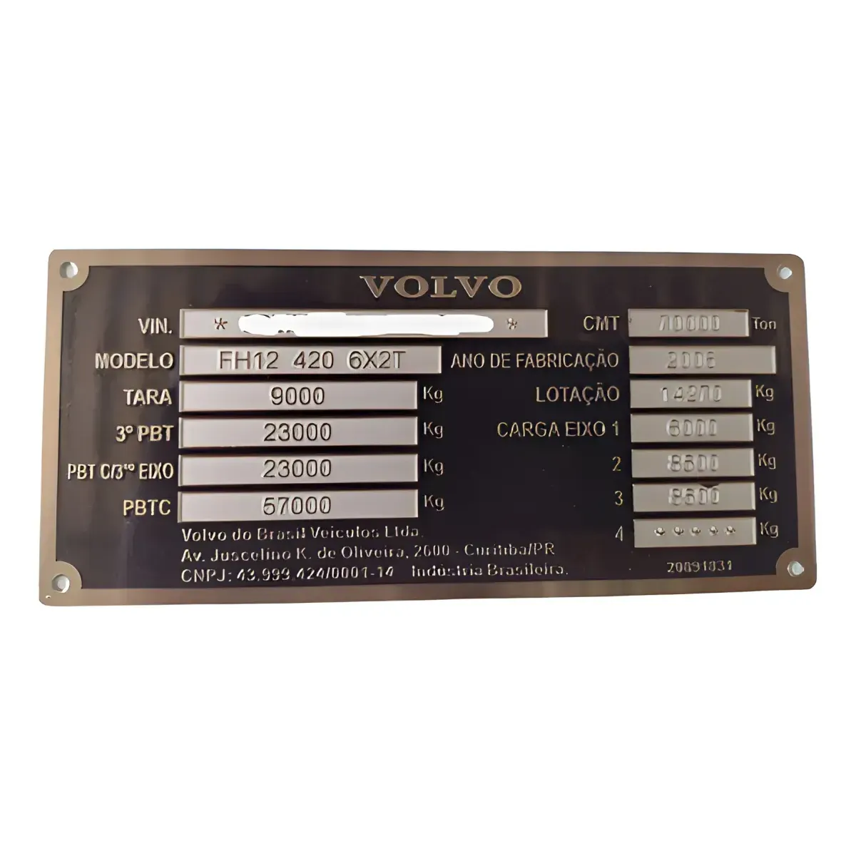 Plaqueta de identificação caminhão Volvo FH 540